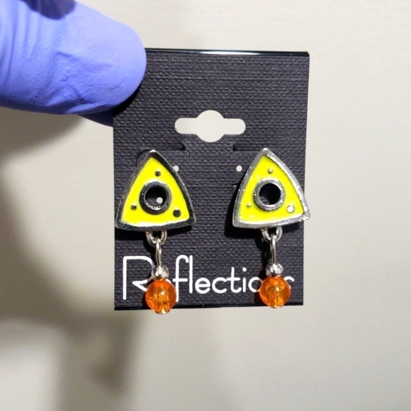 Women's Yellow Silver-tone  Triangle Design & Orange Bead Drop Dangle Earrings - Picture 1 of 4